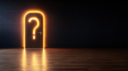 Poster - Illuminated doorway with a glowing question mark in a dark room creating a sense of mystery and intrigue