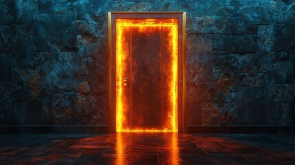 Poster - Mysterious illuminated doorway with glowing light in a dark room creating an eerie atmosphere