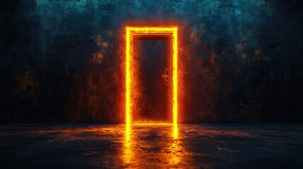 Poster - Bright orange door in a dark room with illuminated doorway creating a mysterious atmosphere