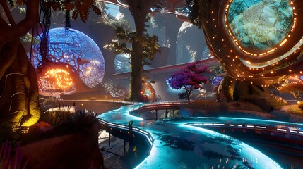Aufkleber - A futuristic city built inside a massive floating sphere, with glowing structures and vibrant blue pathways spiraling outward