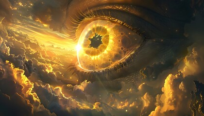 Aufkleber - A giant eye suspended in a glowing sky, reflecting intricate fractal patterns and radiating soft golden light