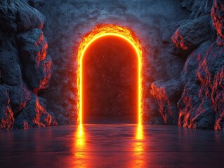 Poster - Illuminated doorway in a dark cave with bright light shining through the entrance and shadows around