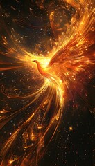 Aufkleber - An abstract art piece showing cascading ribbons of light forming a phoenix, glowing vibrantly against a dark starry background