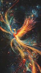 Aufkleber - An abstract art piece showing cascading ribbons of light forming a phoenix, glowing vibrantly against a dark starry background
