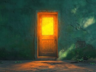 Poster - Illuminated doorway in dark room surrounded by green wall with mysterious atmosphere