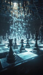 Aufkleber - A levitating chessboard with glowing pieces, surrounded by cascading streams of light and infinite reflections in a dark void