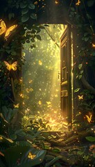 Aufkleber - A floating doorway surrounded by glowing butterflies and radiant beams of light, leading to a lush surreal garden