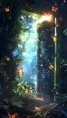 Aufkleber - A floating doorway surrounded by glowing butterflies and radiant beams of light, leading to a lush surreal garden