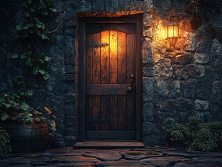 Poster - Mysterious illuminated doorway with light in a dark room creating an enigmatic atmosphere