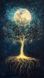© cynz - A levitating tree made of light, with glowing roots extending into the void and branches reaching toward a radiant moon