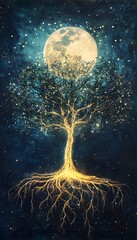 Aufkleber - A levitating tree made of light, with glowing roots extending into the void and branches reaching toward a radiant moon