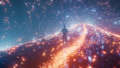 Aufkleber - A humanoid figure walking on a glowing pathway suspended in a galaxy of radiant stars, with their footsteps leaving trails of light