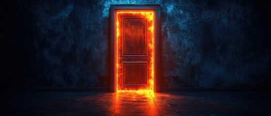 Poster - Mysterious illuminated doorway with glowing light in a darkened room creating an eerie atmosphere