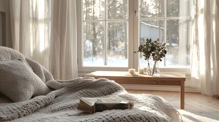 Poster - A serene Scandinavian interior with minimalist wooden furniture, a cozy knitted blanket, and soft natural light streaming through large windows