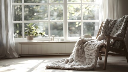 Poster - A serene Scandinavian interior with minimalist wooden furniture, a cozy knitted blanket, and soft natural light streaming through large windows