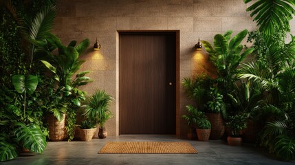 Poster - Open door in a dimly lit room with plants creating a mysterious and inviting atmosphere