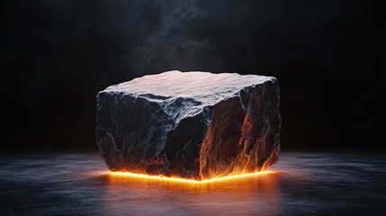 Poster - Large rock with glowing flame and illuminated doorway in a dark room setting