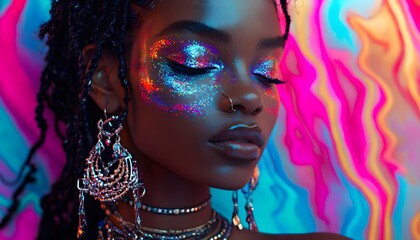 Aufkleber - A close-up of a model with glowing face paint and intricate jewelry, set against a vibrant abstract backdrop of swirling colors