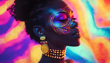 Aufkleber - A close-up of a model with glowing face paint and intricate jewelry, set against a vibrant abstract backdrop of swirling colors