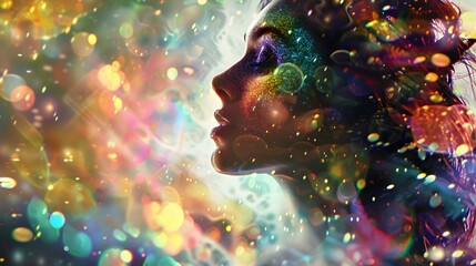 Aufkleber - A conceptual portrait of a model with glowing makeup and an avant-garde hairstyle, set against a radiant abstract backdrop of liquid colors