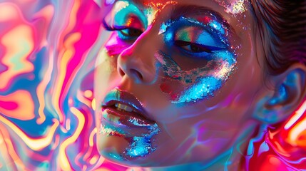 Aufkleber - A conceptual portrait of a model with glowing makeup and an avant-garde hairstyle, set against a radiant abstract backdrop of liquid colors