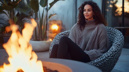 Aufkleber - A cozy fashion lifestyle photo of a model in chic knitwear, sitting by a glowing fire pit on a modern patio surrounded by abstract decor