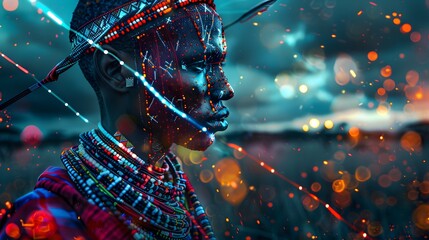Aufkleber - A futuristic reinterpretation of a Maasai warrior, glowing beads and holographic spears blending seamlessly with a surreal abstract savanna