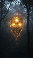 Aufkleber - A conceptual shot of a glowing African tribal mask floating in a dark, misty forest, with radiant patterns emanating light