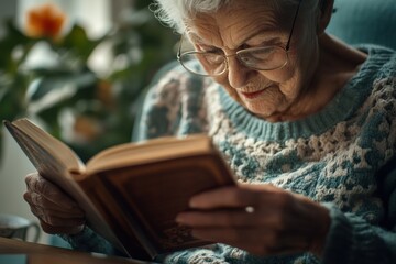 Poster - Elderly woman reading a book in a cozy chair surrounded by indoor plants during a quiet afternoon at home. Generative AI