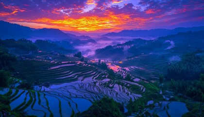 Poster - Aerial view of glowing rice terraces under a vibrant sky, cinematic symmetrical natural beauty