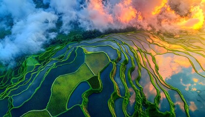 Poster - Aerial view of glowing rice terraces under a vibrant sky, cinematic symmetrical natural beauty