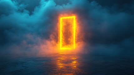 Poster - Bright yellow light reflecting on water with mysterious light shining through an open doorway