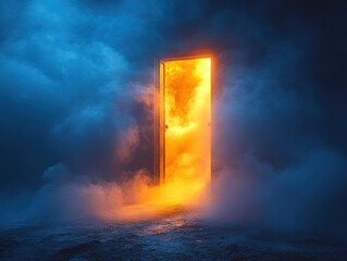 Poster - Foggy scene with light shining through an open door creating a mysterious atmosphere