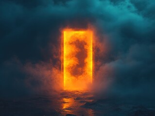Poster - Bright orange light shining through dark cloudy sky illuminating mysterious doorway