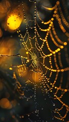 Poster - Macro shot of glowing water droplets on a spiderweb, illuminated by soft golden light, cinematic intricate artistry
