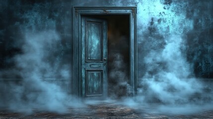 Poster - Mysterious open doorway in a dark room filled with smoke and shadows creating an eerie atmosphere