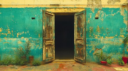 Poster - Old slightly opened doorway with a plant beside it in a mysterious setting and natural lighting