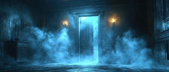 Poster - Room with an open door illuminated by soft ambient light creating a mysterious atmosphere