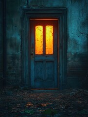 Poster - Open door with soft ambient light illuminating the entrance in a mysterious setting