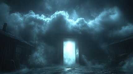 Poster - Dark room with open doorway emitting bright light creating a mysterious atmosphere
