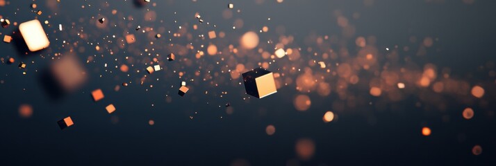 Leinwandbilder - Floating geometric shapes in a dark background create a dynamic atmosphere with shimmering particles. Generative AI