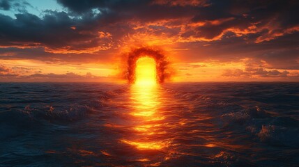 Poster - Large orange explosion with mysterious doorway leading to luminous unknown landscape