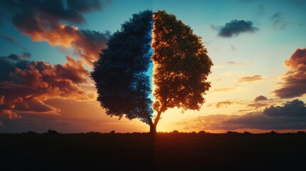Poster - Tree in open field with mysterious doorway leading to luminous unknown landscape