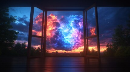 Poster - Window view of colorful sky with a mysterious open doorway leading to an unknown luminous space