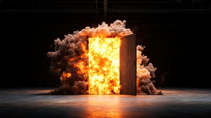 Poster - Large open door emitting bright orange flames in a dark mysterious environment