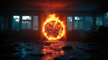 Poster - Fireball burning in dark room with mysterious open doorway and bright orange flames igniting the space