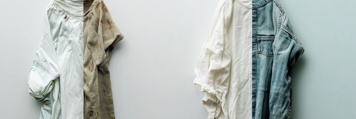 Aufkleber - Comparison of dirty and freshly laundered clothes showing the difference in cleanliness and freshness in a modern setting. Generative AI