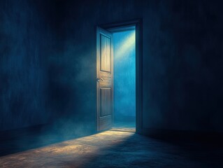 Poster - Mysterious open doorway in dark room with light streaming through the entrance