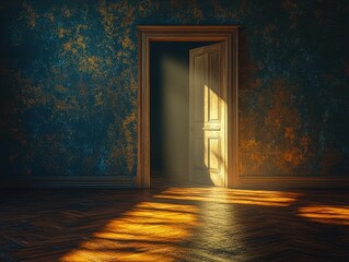Poster - Open door in dark room with blue wall and wooden floor allowing light to stream in