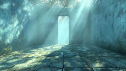 Poster - Room with a shadowy doorway illuminated by ceiling light inviting exploration and curiosity